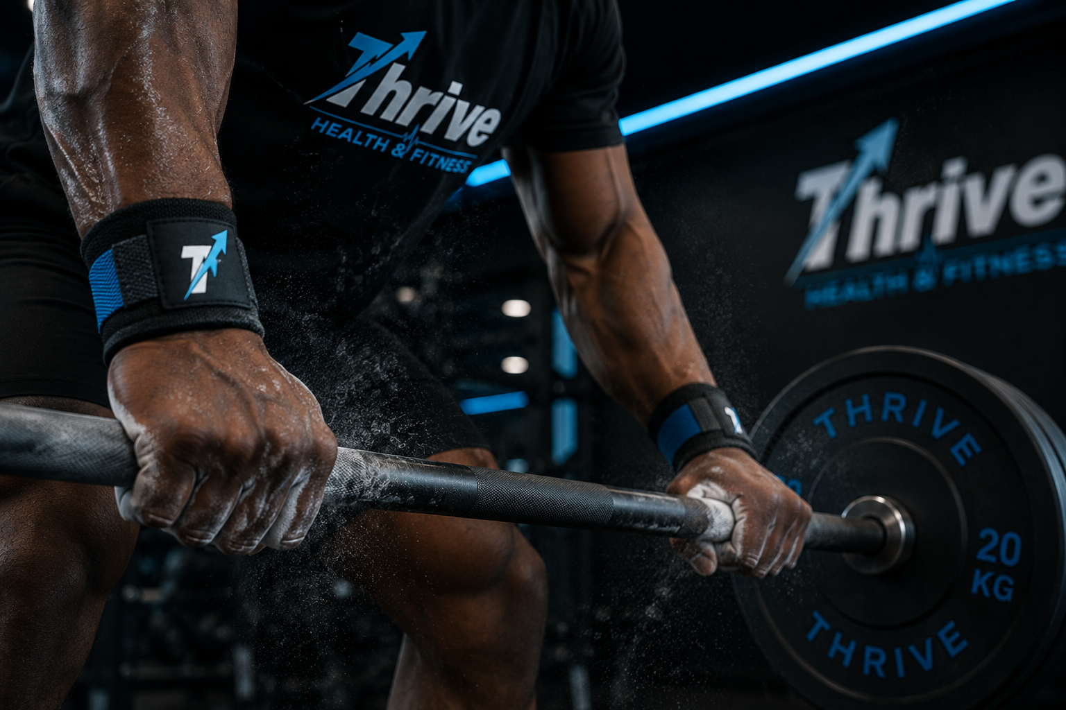Close-up of chalked hands gripping a barbell mid-lift