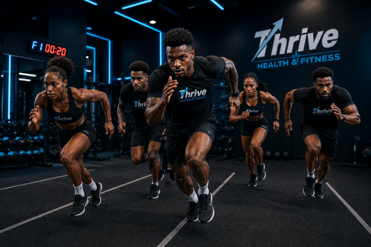 Group conditioning class sprinting across the studio floor