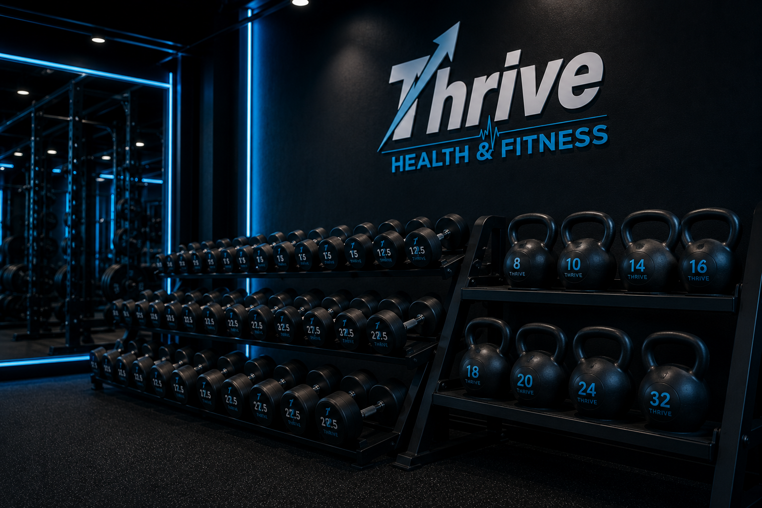 Rows of kettlebells and dumbbells racked along the studio wall