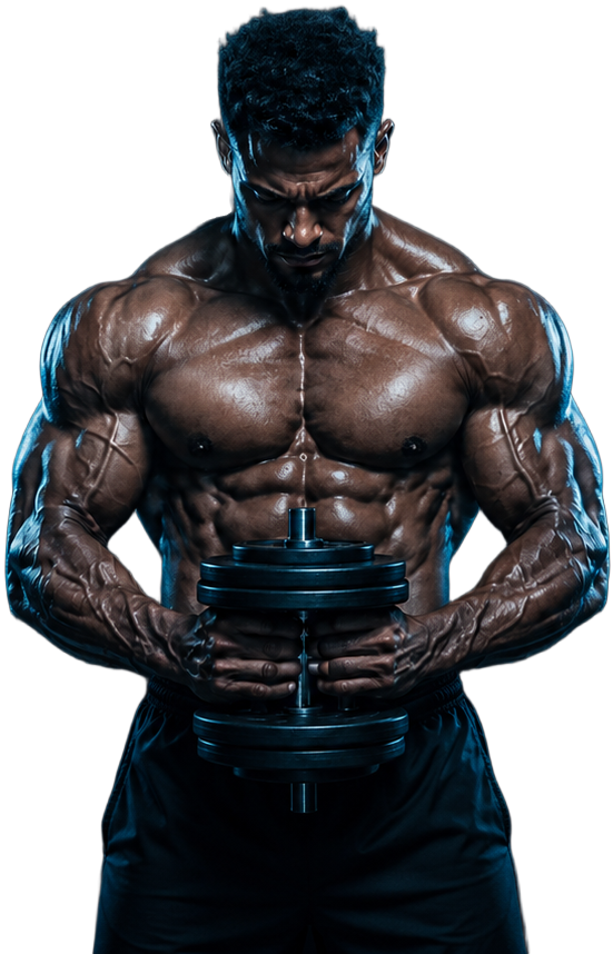 Ethiopian-Habeshan bodybuilder holding a dumbbell